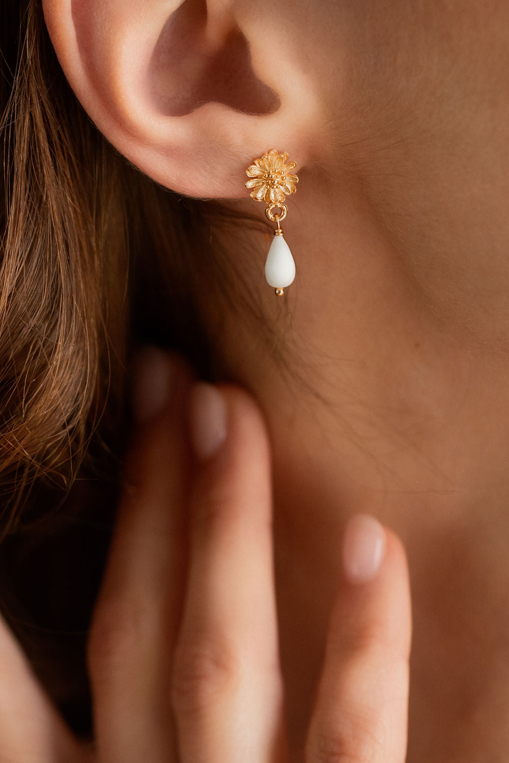 Boucles D'oreilles Pendantes Fleurs – Porcelaine Et Strass Cristal, Jaune Champagne